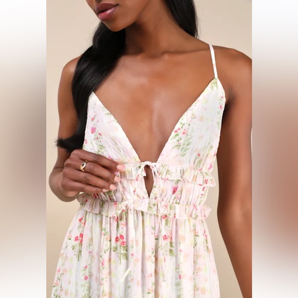 Lulus Sandi Ivory Multi Floral Tie-Front Midi Dress New with tags size Medium - Picture 4 of 11